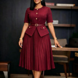 Summer Women Africa Round Neck Patchwork Pleated Faux Two-Piece Solid Plus Size Dress