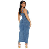 Women Sexy Strap Sleeveless Low Back Tight Waist Denim Dress