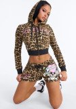 Women Leopard Print Zip Hooded Street Hoodie Shorts Set