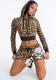 Women Leopard Print Zip Hooded Street Hoodie Shorts Set