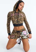 Women Leopard Print Zip Hooded Street Hoodie Shorts Set Women Leopard Print Zip Hooded Street Hoodie Shorts Set