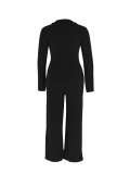 Women Casual Career Textured Bell Bottom Slim Waist Wide-Leg Pants Two-Piece Set