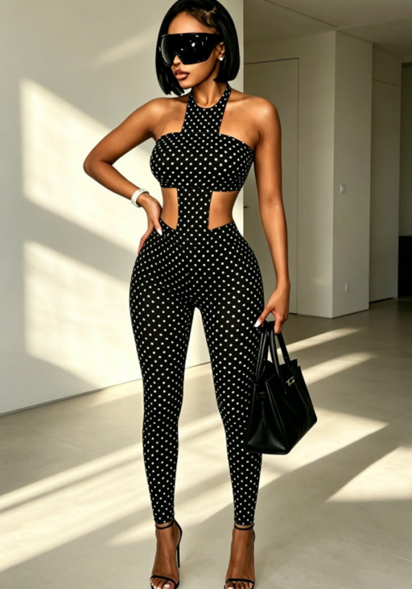 Women Polka Dot Halter Neck Slim Fit Pants Set