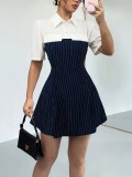 Spring Summer Women Striped Patchwork Slim Waist A-Line Shirt Dress