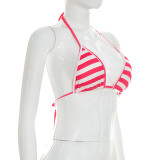 Summer Women Striped Print Bra Short Sleeve Top Three-Piece Set