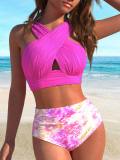 Women Black White Striped Polka Dot Cross Slim Fit Low Back Bikini Set