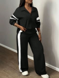 Women Casual Color-Block Striped Hooded Wide-Leg Pants Two-Piece Set