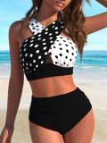 Women Black White Striped Polka Dot Cross Slim Fit Low Back Bikini Set