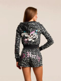 Women Leopard Print Zip Hooded Street Hoodie Shorts Set