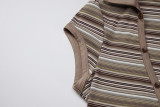 Women American Summer Striped V-neck Short Sleeve Skirt Set