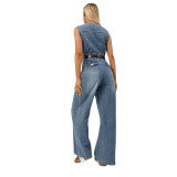 Women Slim Fit Stretch Denim Jumpsuit Wide-Leg Pants