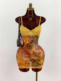Women Sexy Lace Strap Slim Waist Print Low Back Bodycon Dress