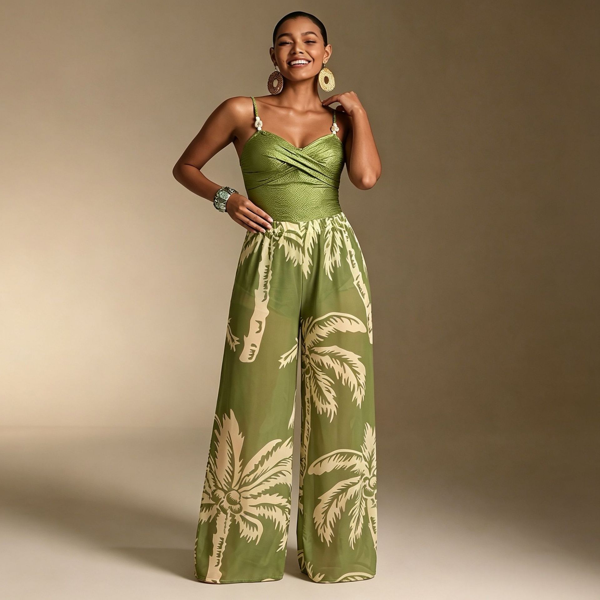 Slim Fit One-Piece Swimsuit & Wide Leg Pants Set
