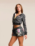 Women Leopard Print Zip Hooded Street Hoodie Shorts Set