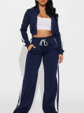 Women Sport Casual Side Stripe Long Sleeve Zipper Jacket Wide-Leg Pants Two-Piece Set