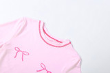 Spring Women Floral Bow Print Round Neck Short Sleeve Top Shorts Set