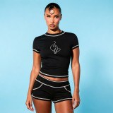 Women Sexy Sport Print Round Neck T-Shirt Shorts Set