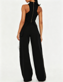 Women Solid White Sleeveless Vest Wide-Leg Pants Two-Piece Set