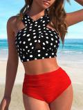 Women Black White Striped Polka Dot Cross Slim Fit Low Back Bikini Set