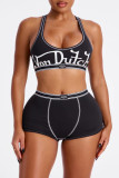 Black Women Street Letter Print Sleeveless Crop Tank Top Casual Set