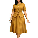 Summer Women Africa Round Neck Patchwork Pleated Faux Two-Piece Solid Plus Size Dress