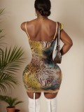 Women Sexy Lace Strap Slim Waist Print Low Back Bodycon Dress