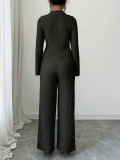 Women Casual Career Textured Bell Bottom Slim Waist Wide-Leg Pants Two-Piece Set