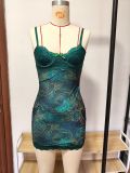 Women Sexy Lace Strap Slim Waist Print Low Back Bodycon Dress