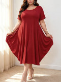 Plus Size Women Solid Round Neck Short Sleeve A-Line Midi Dress