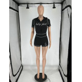 Summer Women High-Stretch Zip Hooded Casual Short Sleeve Top Shorts Two-Piece Set