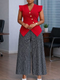 Women Fashion Sleeveless Button Solid V-Neck Printed Pleated Wide-Leg Pants Africa Two-Piece Set