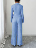 Women Casual Career Textured Bell Bottom Slim Waist Wide-Leg Pants Two-Piece Set