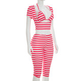 Summer Women Striped Print Bra Short Sleeve Top Three-Piece Set
