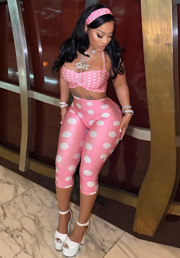 Women Strap Tank Tight Fit Polka Dot Headband Three-Piece Set