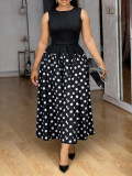 Summer Plus Size Women Career Polka Dot Patchwork Sleeveless Dress