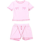Spring Women Floral Bow Print Round Neck Short Sleeve Top Shorts Set