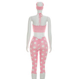 Women Strap Tank Tight Fit Polka Dot Headband Three-Piece Set