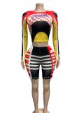 Women Sexy Letter Colorblock Long Sleeve Shorts Set