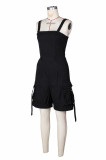 Women Solid Color Strap High Waist Midi Cargo Jumpsuit