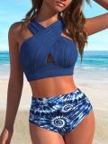 Women Black White Striped Polka Dot Cross Slim Fit Low Back Bikini Set