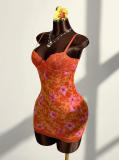 Women Sexy Lace Strap Slim Waist Print Low Back Bodycon Dress