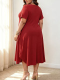 Plus Size Women Solid Round Neck Short Sleeve A-Line Midi Dress