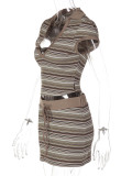 Women American Summer Striped V-neck Short Sleeve Skirt Set