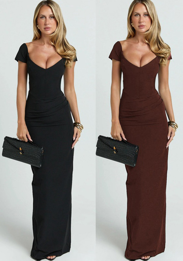 Summer Women V-Neck Low Back Slit Slim Fit Dress