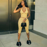 Women Polka Dot Halter Neck Tank Top Cropped Pants Two-Piece Set