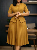 Summer Women Africa Round Neck Patchwork Pleated Faux Two-Piece Solid Plus Size Dress