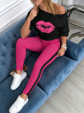 Women Sexy One-Shoulder Lips Print Top Pants Set