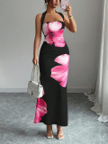 Women Sexy Black Pink Floral Halter Neck Bodycon Dress