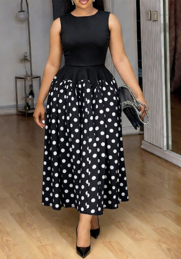 Summer Plus Size Women Career Polka Dot Patchwork Sleeveless Dress