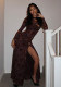Women Round Neck Slit Mesh See-Through Long Sleeve Dress